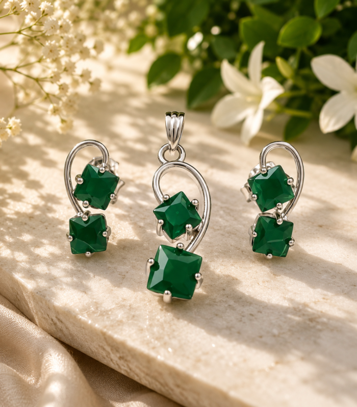 Green Emerald-Style Pendant & Earring Set