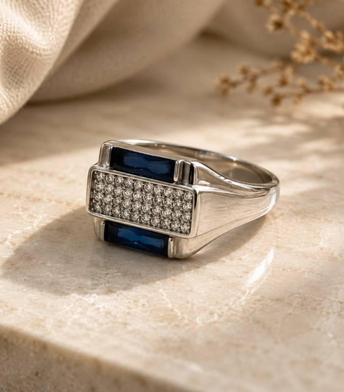 925 Sterling Silver Men's Blue Baguette Stone & CZ Statement Ring