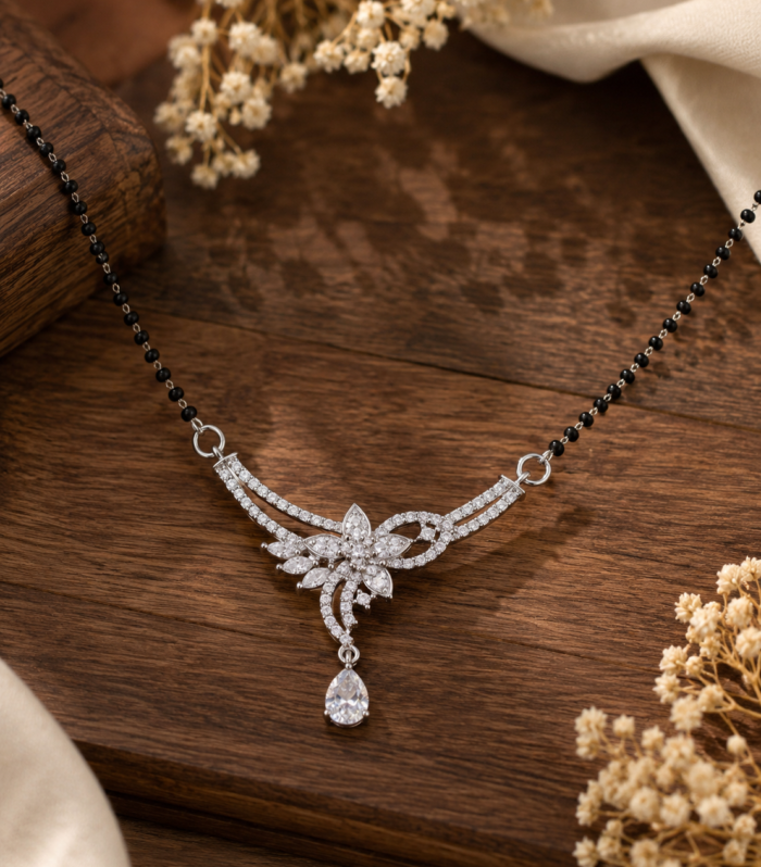 925 Sterling Silver CZ Floral Mangalsutra Necklace