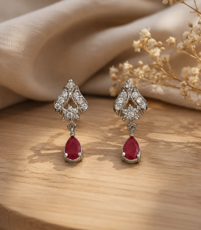 Ruby CZ 925 Sterling Silver Pear Cut Drop Stud Earrings