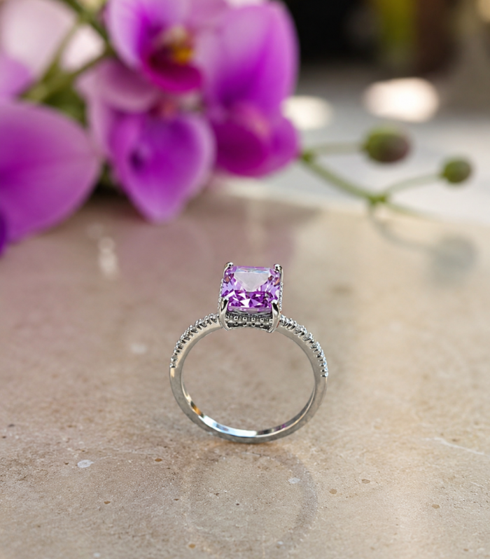 Purple Amethyst Cushion Cut Sterling Silver Ring