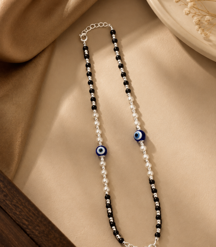 Black Beaded Nazariya Bracelet with Blue Evil Eye & Pearl Accents