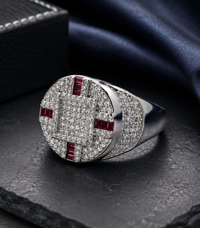 Men’s Geometric Silver Ring with Red Ruby Accents and Crystal Pavé Luxury Statement Band
