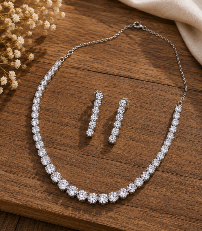 Round CZ Tennis Chain Necklace & Matching Drop Earrings Set 925 Sterling Silver Jewelry
