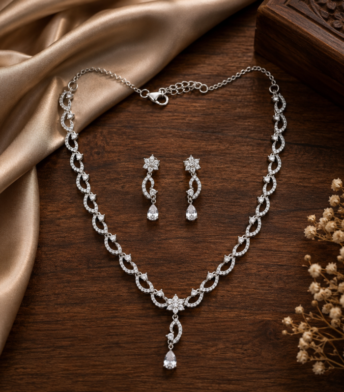 Elegant Sterling Silver CZ Necklace & Earrings Set with Teardrop Pendant