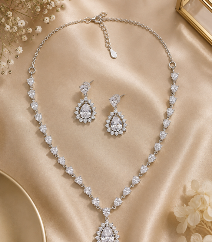 Pretty CZ Teardrop Pendant Necklace and Earrings Set