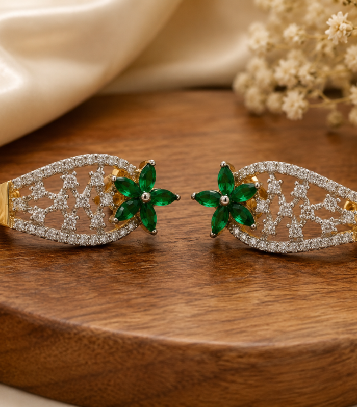Emerald CZ 925 Sterling Silver Floral Openwork Stud Earrings Nature-inspired Look