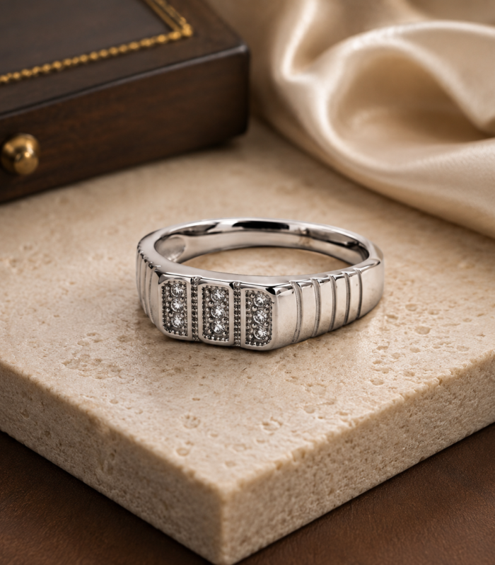 Men's 925 Sterling Silver Geometric Triple CZ Panel Wedding Ring