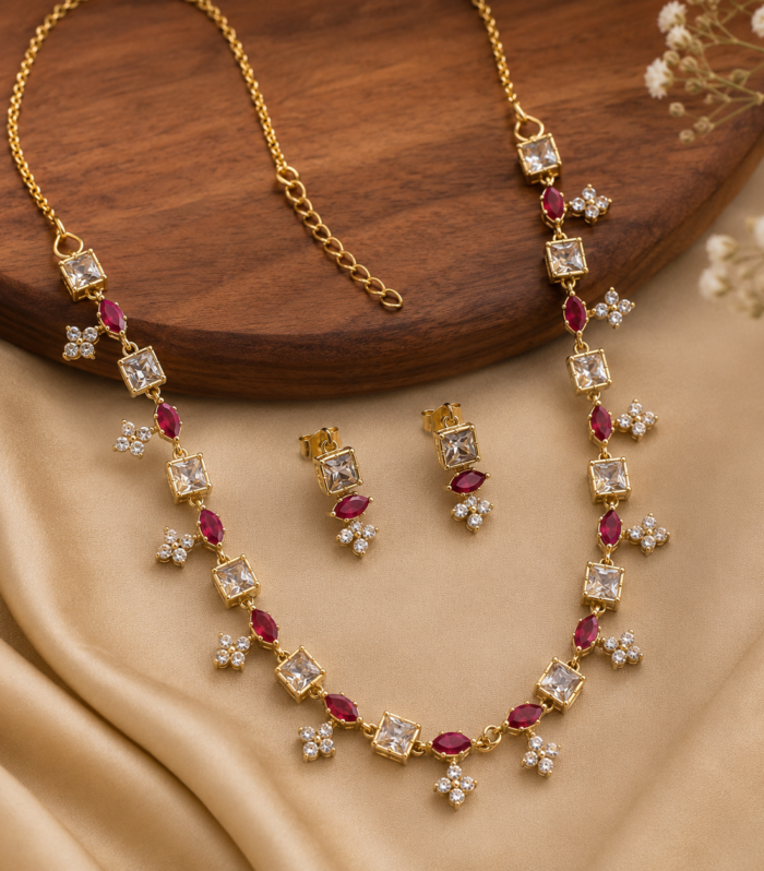 925 Sterling Silver Ruby & White Cubic Zirconia Necklace Set with Matching Earrings