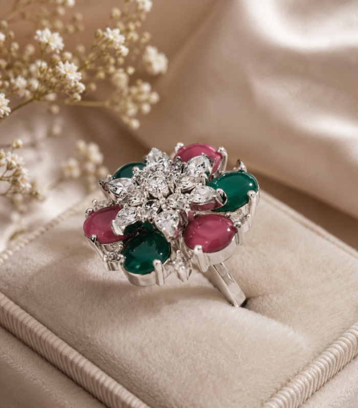 Ruby & Emerald CZ Floral Statement Ring in 925 Sterling Silver