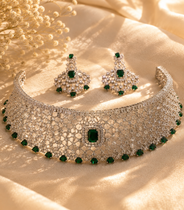 Emerald Green CZ Choker Bridal Jewelry Set, Silver Statement Necklace and Earrings