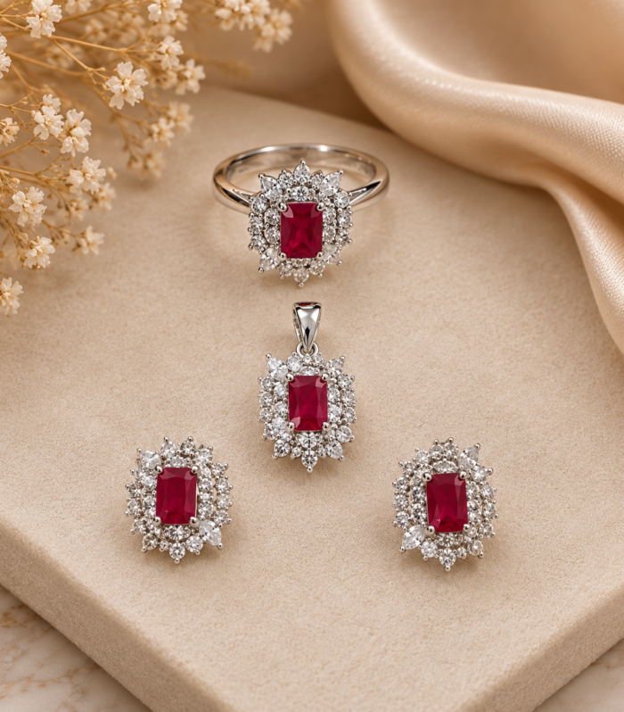 925 Sterling Silver Red Ruby Elegant Cubic Zirconia Jewelry Set for Wedding