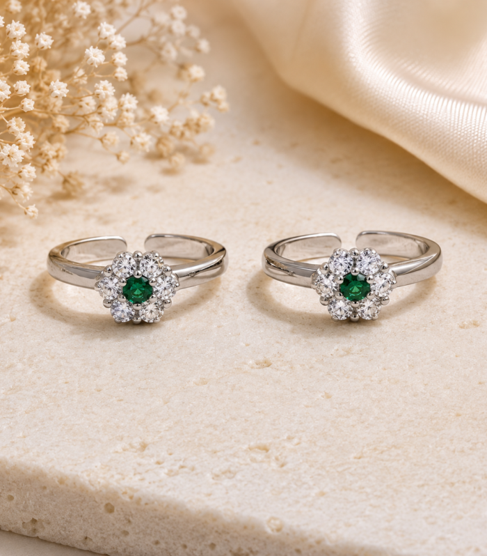 Emerald & CZ Flower Toe Ring Adjustable Open Band Floral Look