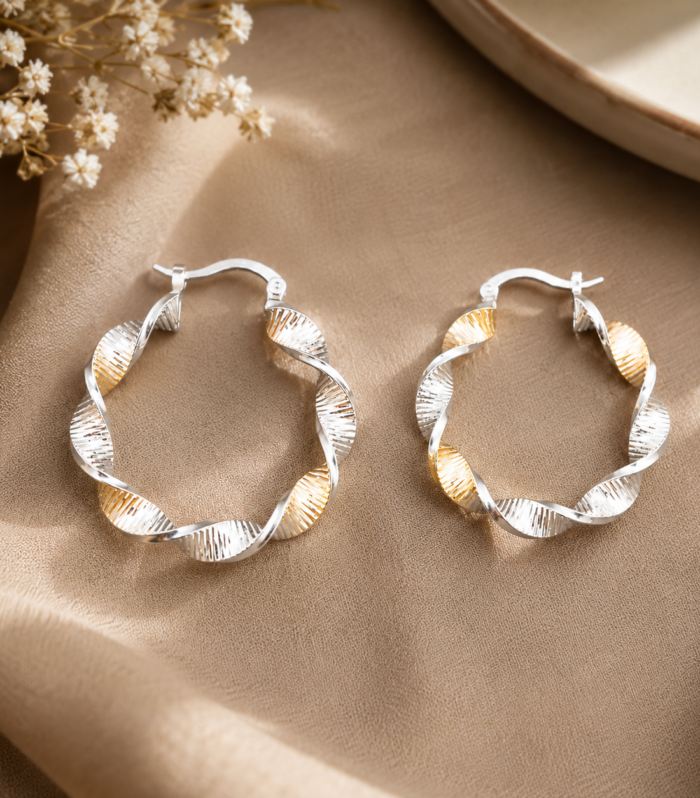 Two Tone 925 Sterling Silver Twisted Hoop Earrings