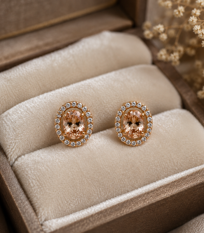 Morganite Stud 925 Sterling Silver CZ Sparkling Halo Earrings