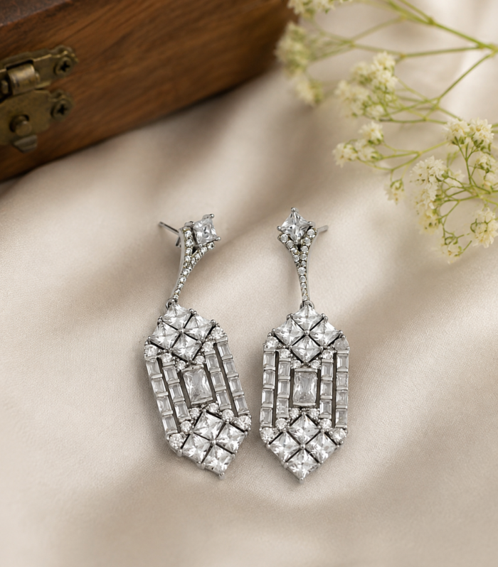 Geometric CZ 925 Sterling Silver Long Drop Dangle Earrings