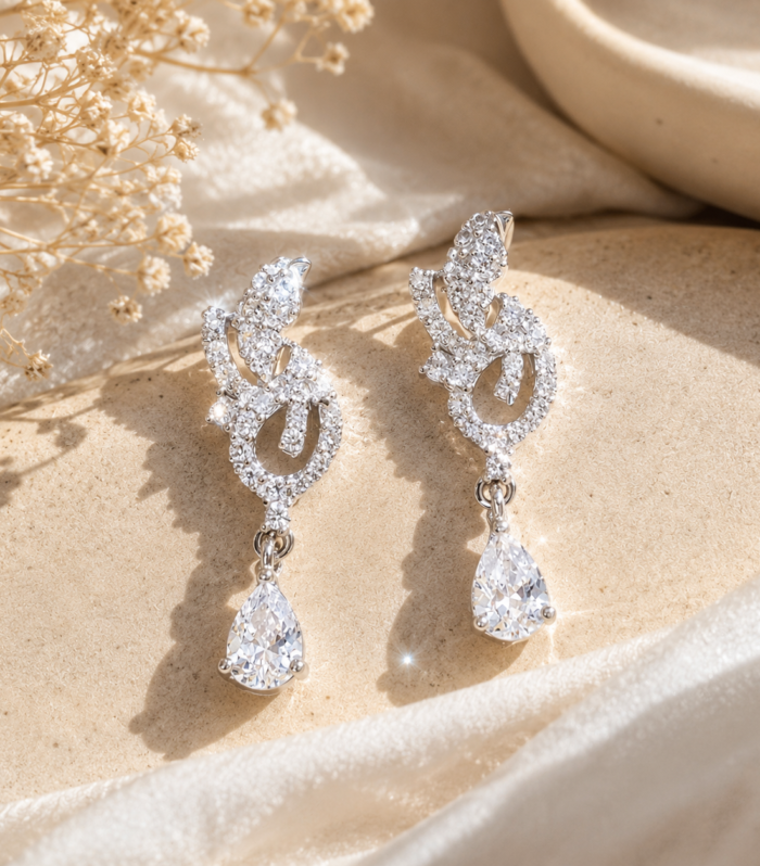 CZ 925 Sterling Silver Floral Swirl Pear Drop Stud Earrings
