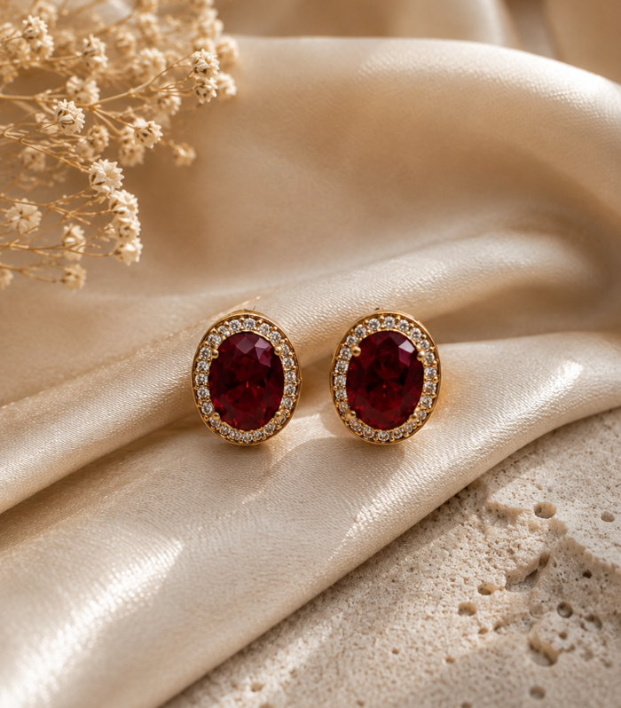 Ruby Oval Halo Stud Earrings Sparkling Jewelry
