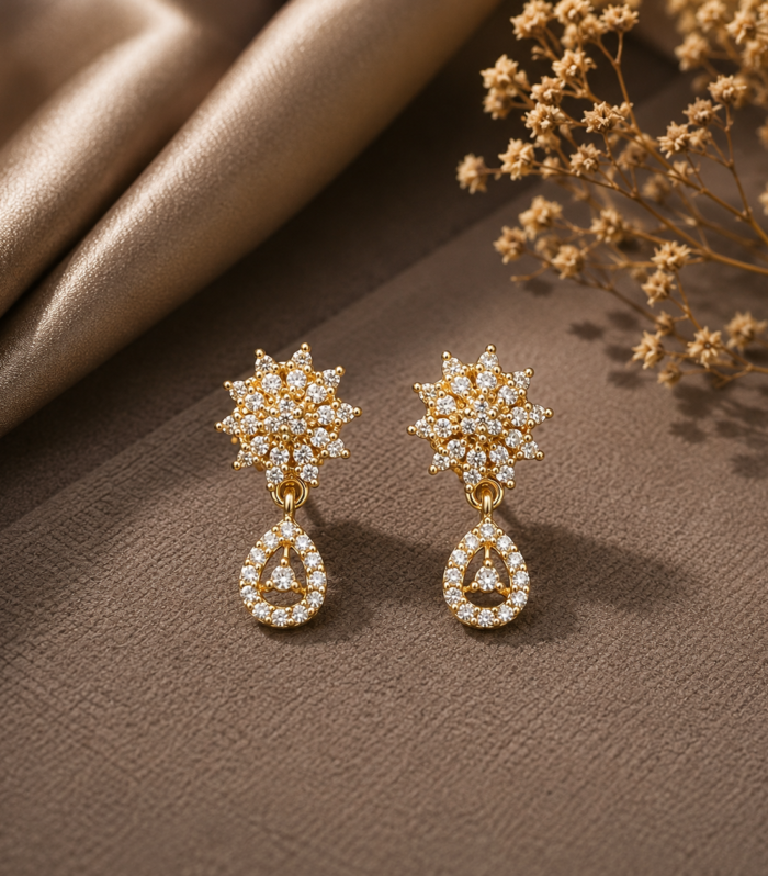 Floral Pear Drop 925 Sterling Silver CZ Dangle Earrings