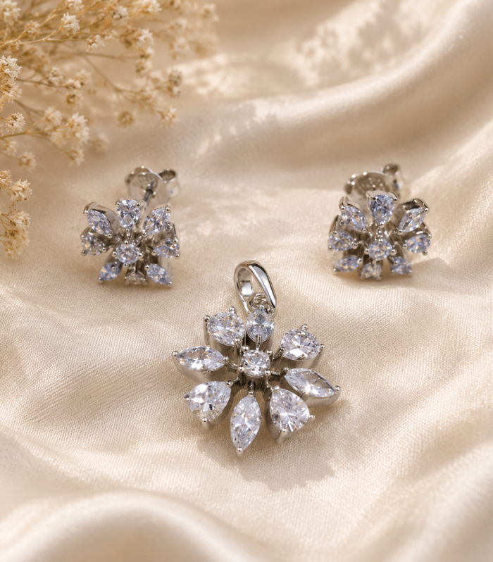 Sparkling Flower Pendant & Earrings Set 925 Sterling Silver