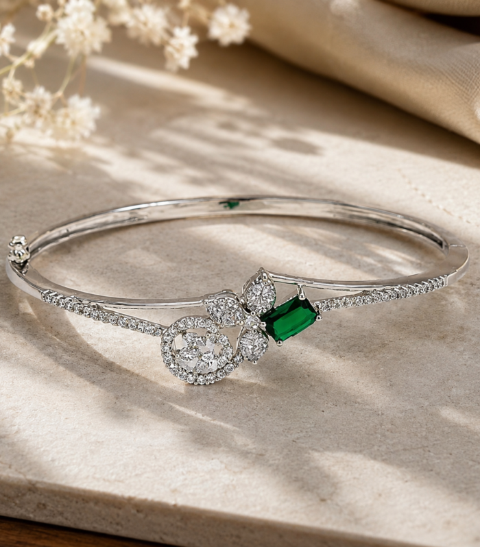 925 Sterling Silver Green Emerald Bangle with Emerald Cut & CZ Floral Design