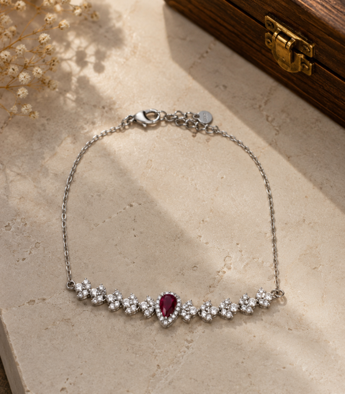 Ruby & CZ Diamond 925 Sterling Silver Link Bracelet