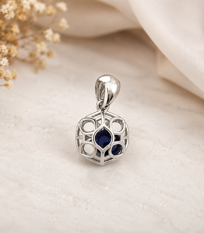 925 Sterling Silver Blue Stone Geometric Openwork Solo Pendant