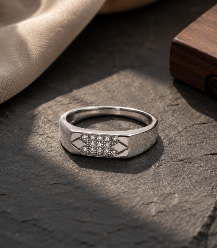 925 Sterling Silver Men's Geometric Arrowhead CZ Accent Ring