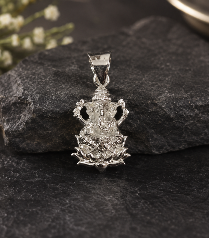 Lord Ganesha Pendant Ganesh Ji Lotus Pendant in 925 Sterling Silver
