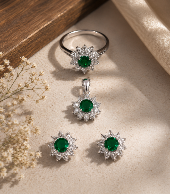 Emerald Green Stone 925 Sterling Silver Ring, Pendant & Earrings Set