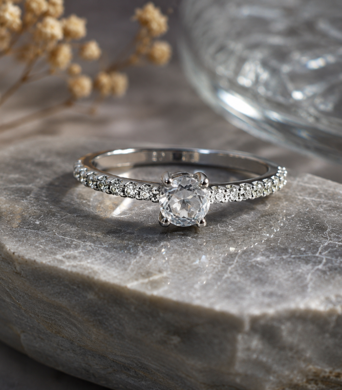 Classic Pave Band Round CZ Solitaire Ring in 925 Sterling Silver