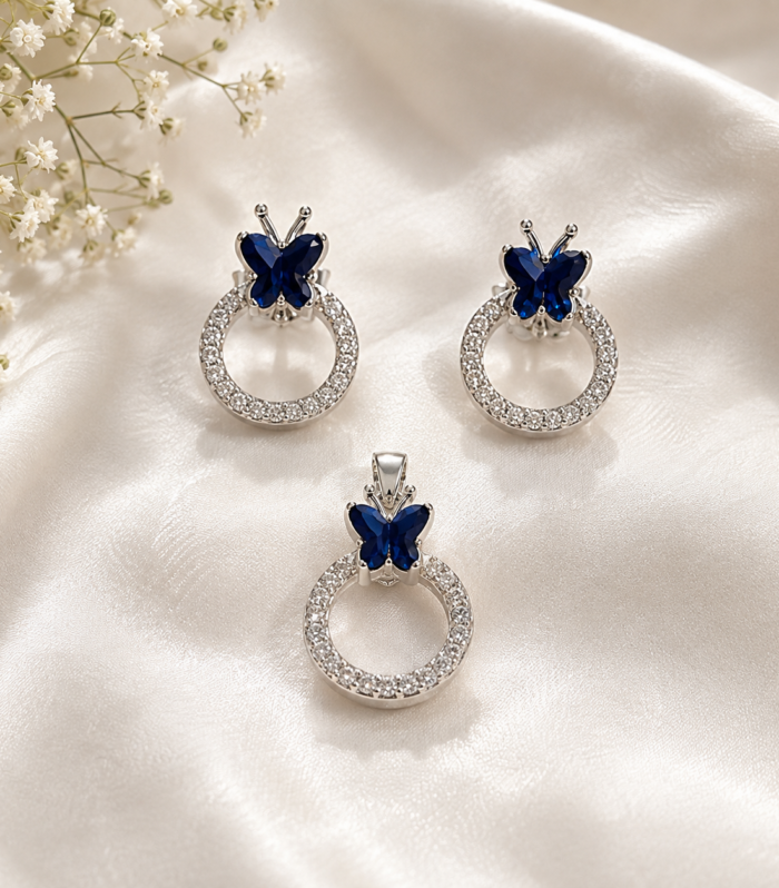925 Sterling Silver Blue Butterfly Pendant & Earrings Set Beautiful Cubic Zirconia Jewelry