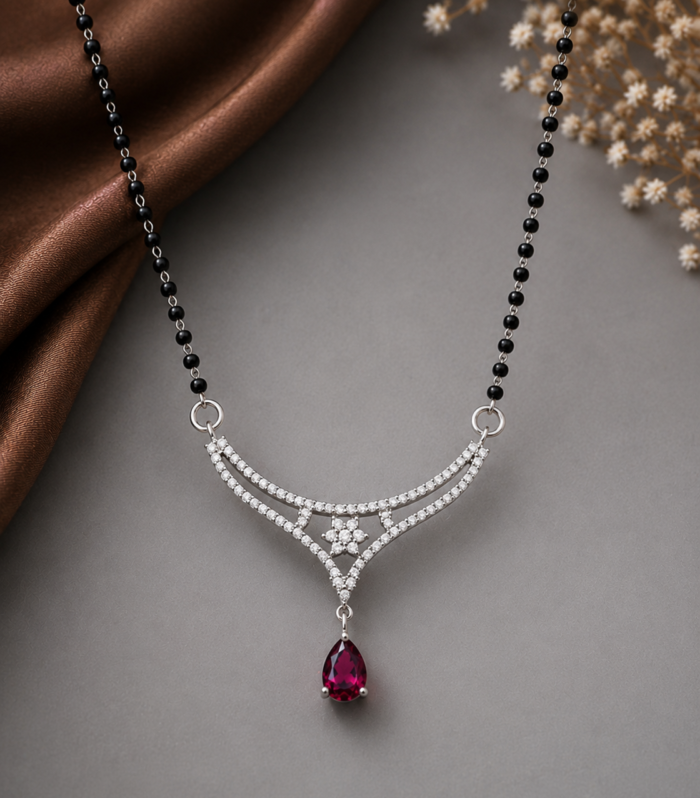 Curved Pendant with Floral CZ Detailing and Ruby Drop Mangalsutra