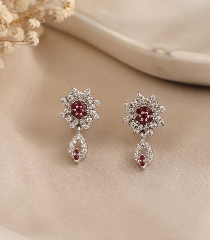 Stud Earrings 925 Sterling Silver Red Ruby Floral CZ Pear Cut Dangle