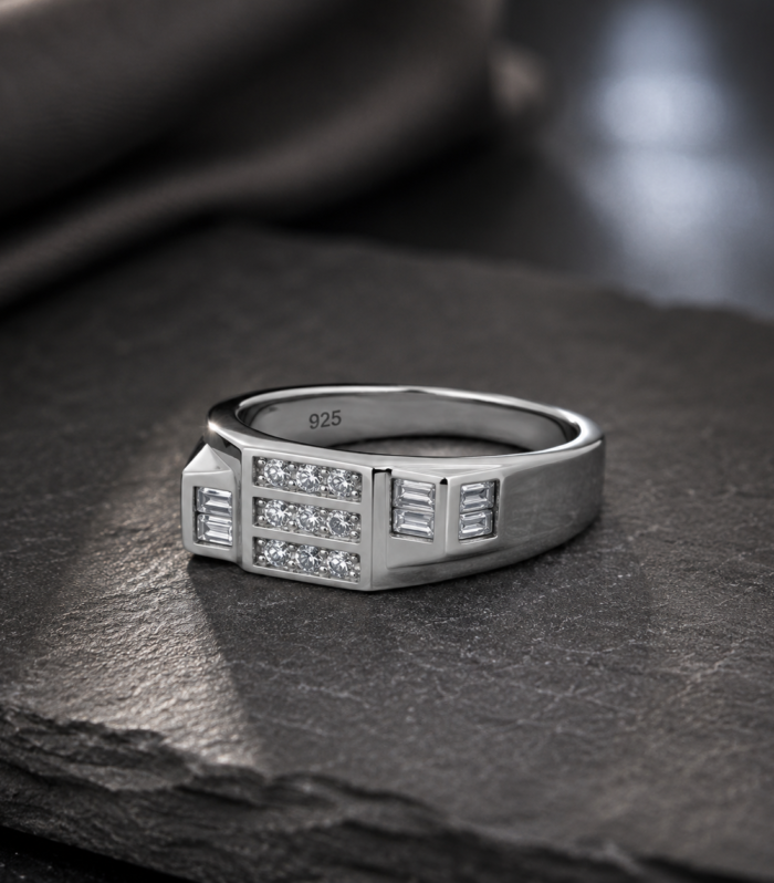 Modern Baguette Accent Design Men’s 925 Sterling Silver Geometric Cubic Zirconia Statement Ring