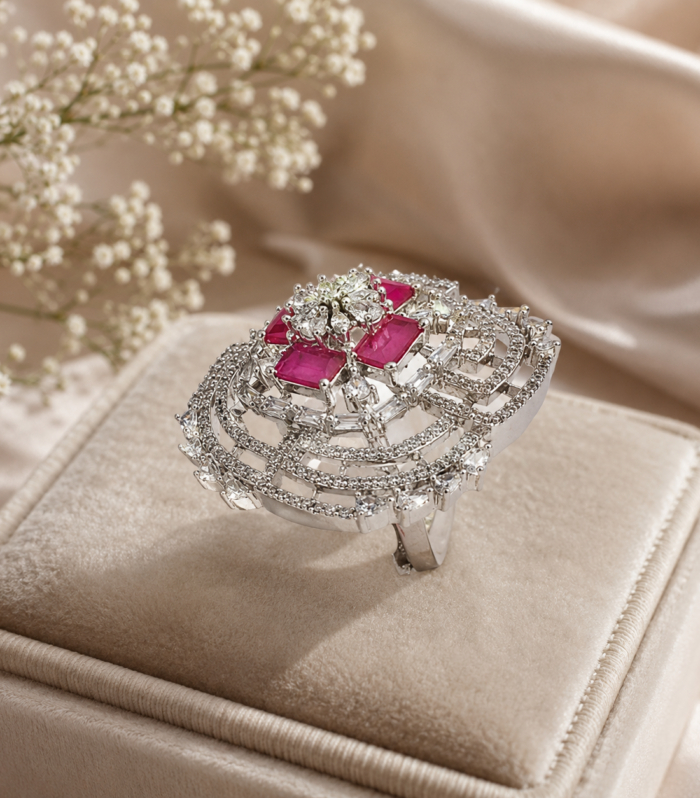Statement Pink Sapphire Ring with CZ Accents in 925 Sterling Silver