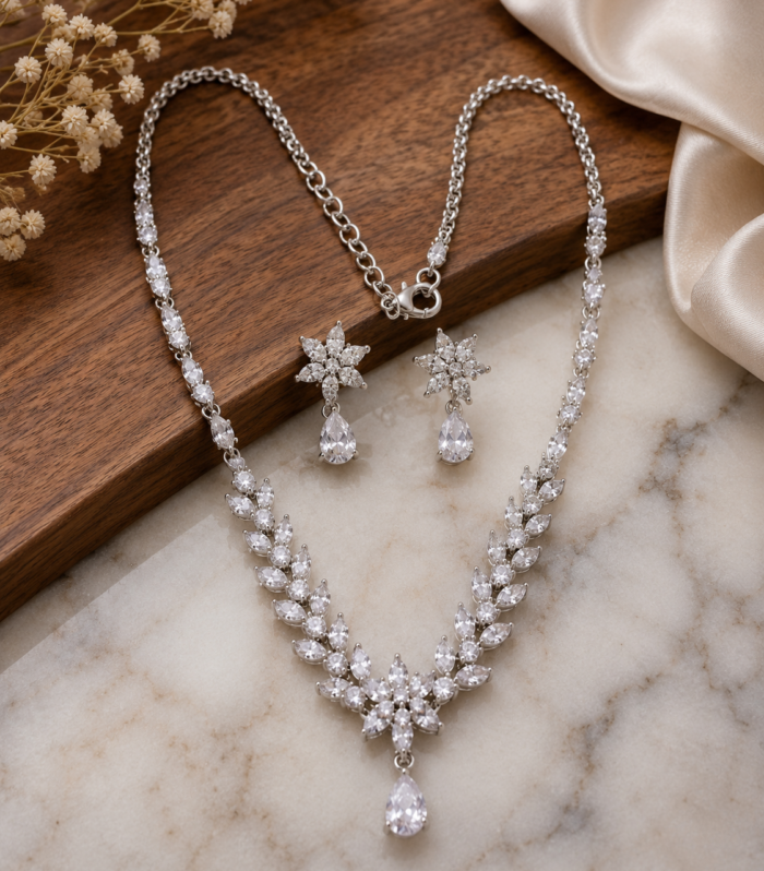 CZ Floral Vine Necklace and Teardrop Earrings Set Wedding Jewelry