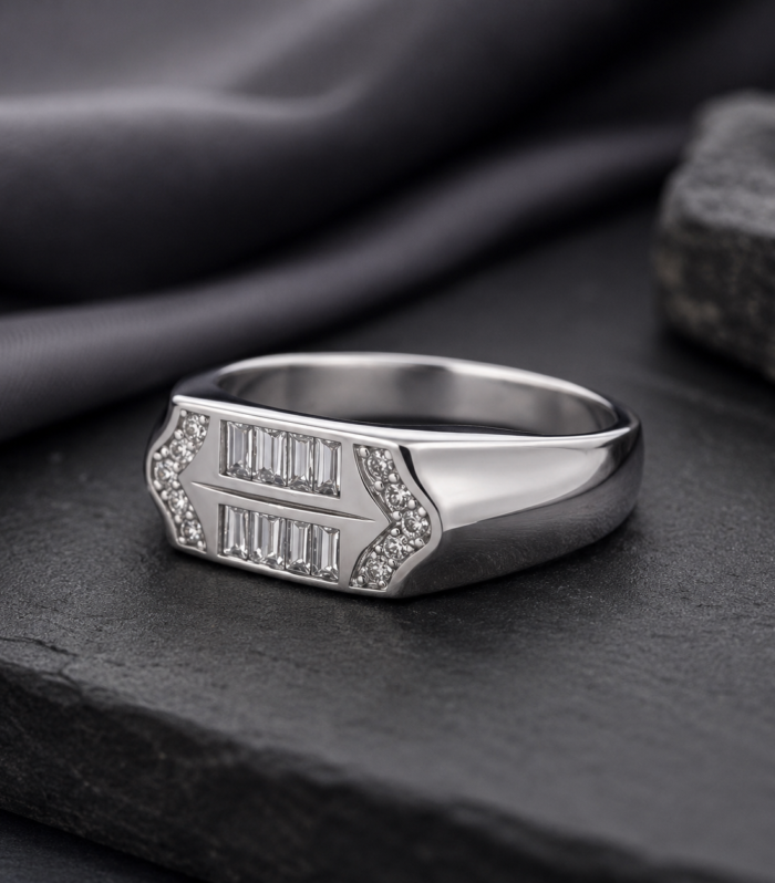 925 Sterling Silver Men's Geometric Baguette CZ Accent Ring