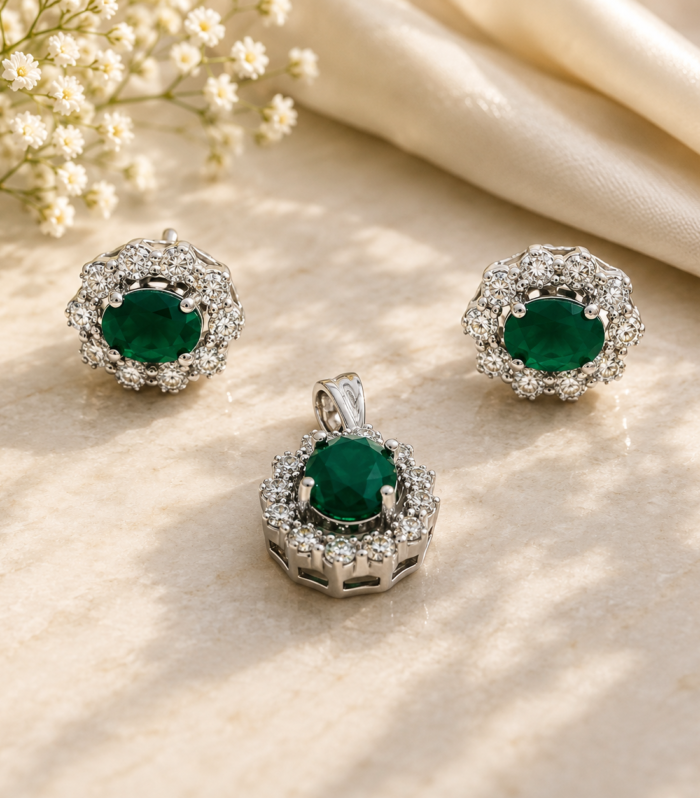 925 Sterling Silver Emerald & CZ Pendant and Earrings Set