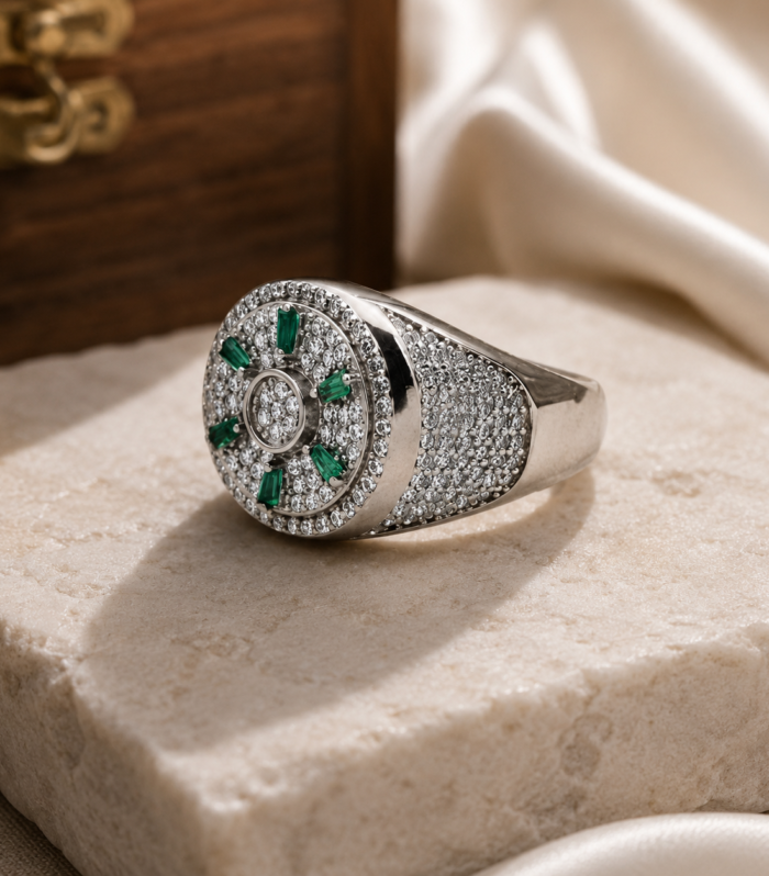 925 Sterling Silver Green Stone Statement Ring for Men Bold CZ Cocktail Ring
