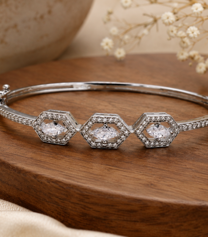 925 Sterling Silver Hexagonal CZ Designer Bangle