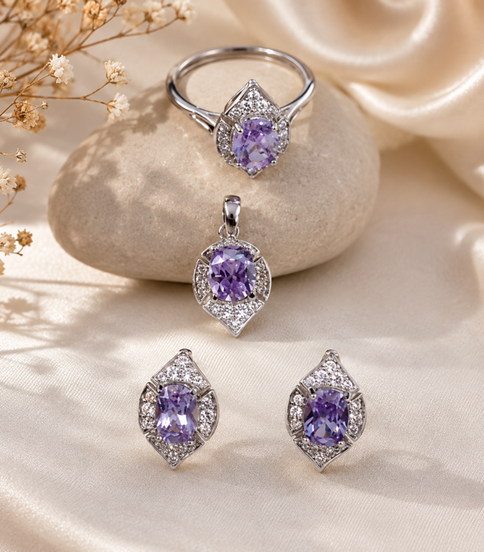 Amethyst Oval-Cut Ring, Pendant & Earrings Set in 925 Sterling Silver