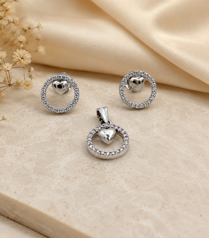 925 Sterling Silver Heart Pendant & Earrings Set for Women's Love Jewelry