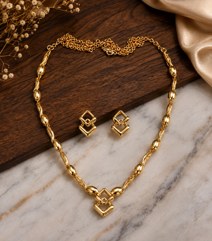 Beaded Necklace & Geometric Pendant Earrings Set Statement Jewelry Set for Women