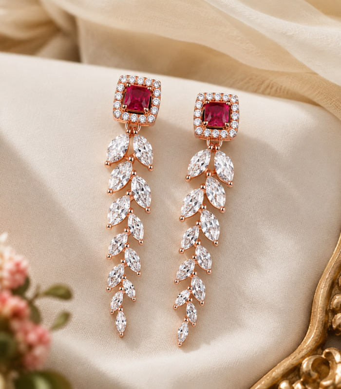 Leaf Cascade Drop Earrings Pink Sapphire CZ 925 Sterling Silver
