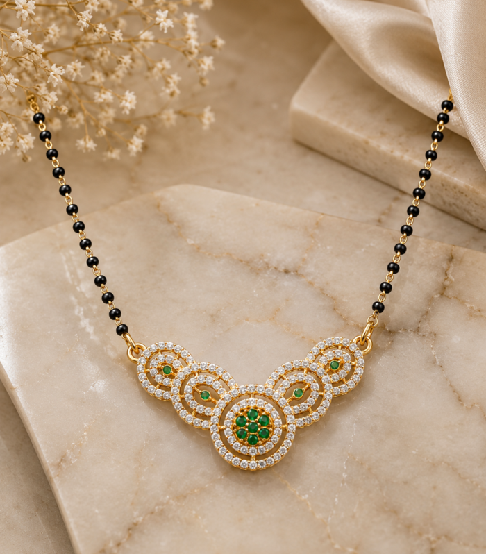 925 Sterling Silver Green Stone Circular Mangalsutra Necklace