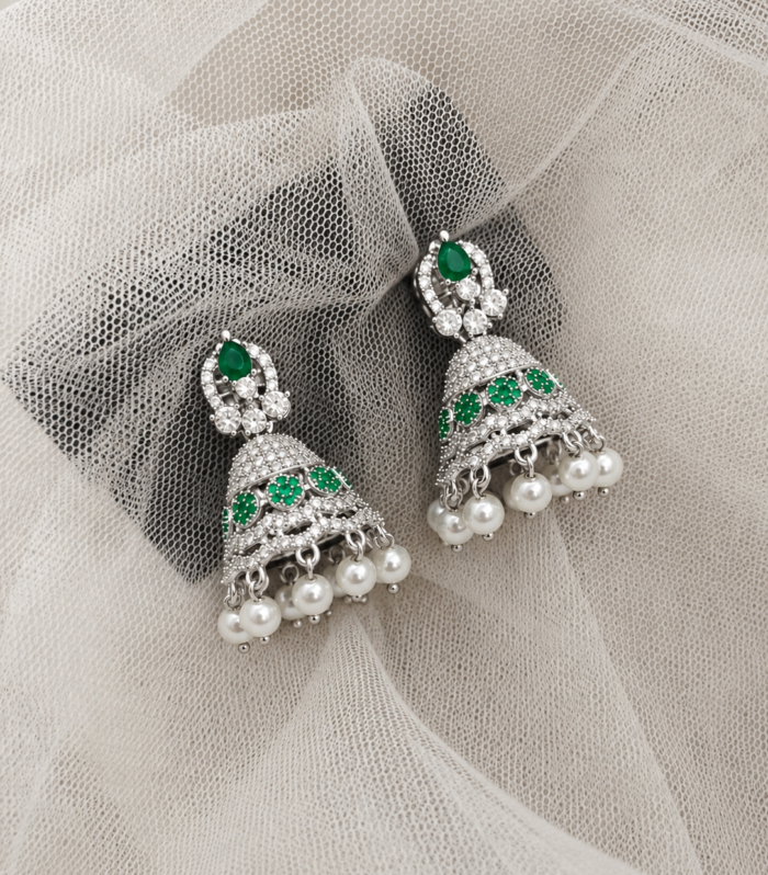 Emerald Green Jhumka Earrings with Pearl Drops – 925 Sterling Silver Traditional Gift