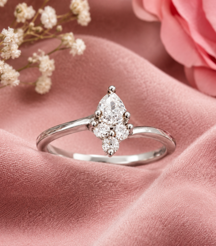 Pear Shape CZ Solitaire Ring in 925 Sterling Silver Modern Cluster Wedding Ring