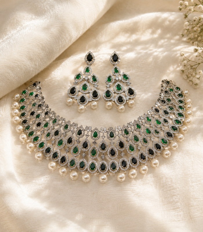 Emerald Green Black CZ Pearl Choker Necklace Set Statement Bridal Jewelry