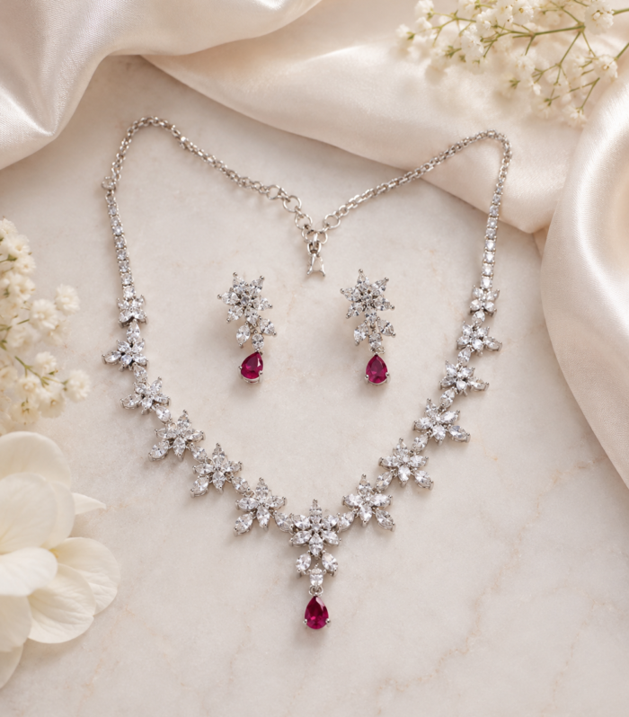 Ruby & CZ Floral Necklace and Earrings Set